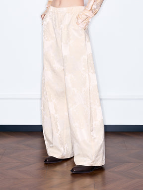 MUKZIN¡°Night Ballad of Chang'an¡±Beige Jacquard Wide-Leg Pants | Oriental Satin Balloon Trousers with Elastic Waist