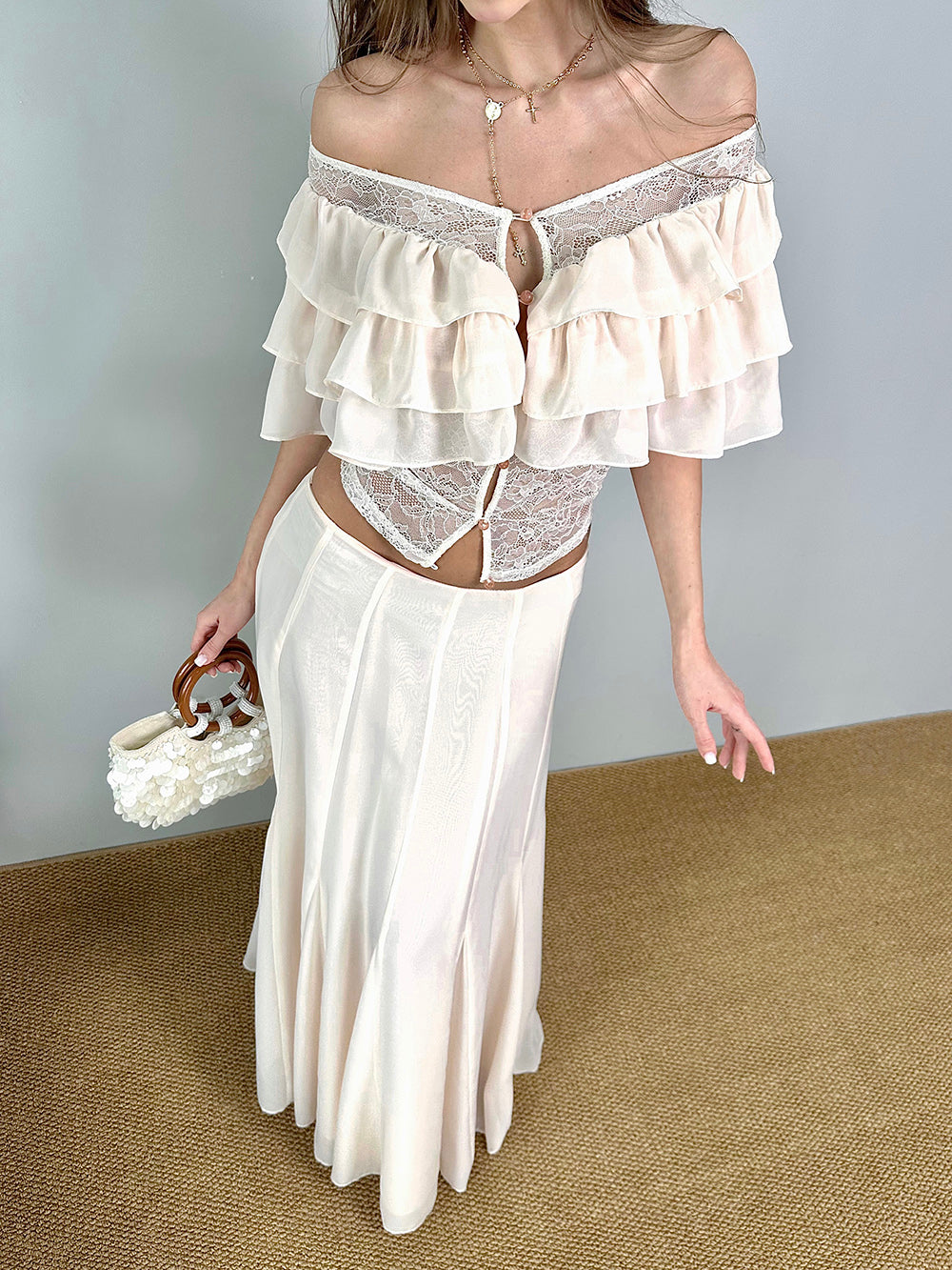 MUKTANK×Jqwention Ruffle Off Shoulder Slim Dress Two Piece Skirt