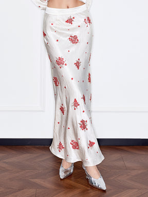 MUKZIN“Capsule Collection”Off-White Midi Skirt Accented with Red Floral Embroidery