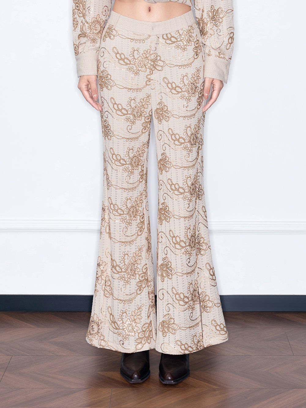 MUKZIN“Capsule Collection”Brown Floral Embroidered Wide-Leg Pants | Oriental Sequin Embellished High-Waist Trousers