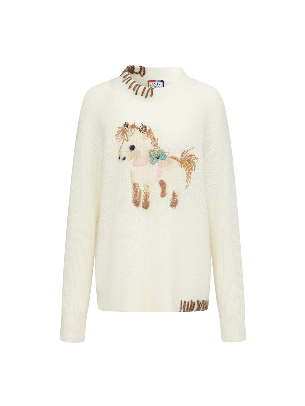 MUKZIN“The Sequence of Deer's Call”Cream White Contrast Trim Pony Decor Oversized Fuzzy Knit Sweater