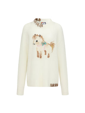 MUKZIN“The Sequence of Deer's Call”Cream White Contrast Trim Pony Decor Oversized Fuzzy Knit Sweater