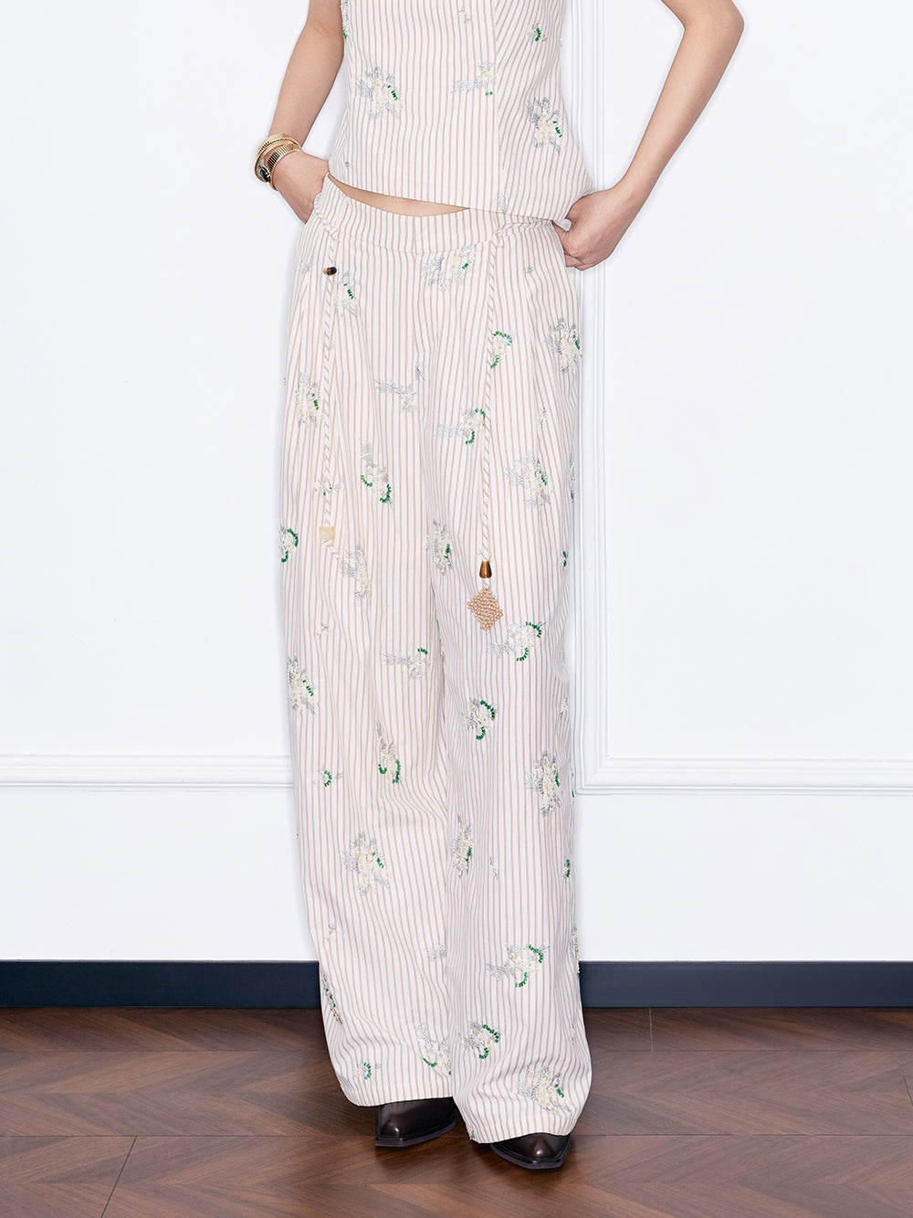 MUKZIN¡°Night Ballad of Chang'an¡±Striped Floral Embroidered Wide-Leg Pants | Oriental Tassel Tie-Waist Trousers