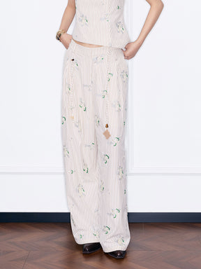 MUKZIN¡°Night Ballad of Chang'an¡±Striped Floral Embroidered Wide-Leg Pants | Oriental Tassel Tie-Waist Trousers