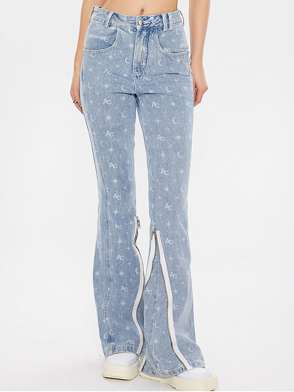 MUKTANK × ARDENCODE Printed Slim-fit Mid-rise Washed Flared Jeans