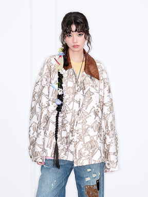 MUKZIN“Realm of Ethereal Mist”Loose Jacket with Plant Pattern, Contrast - Color Collar and Splicing Design
