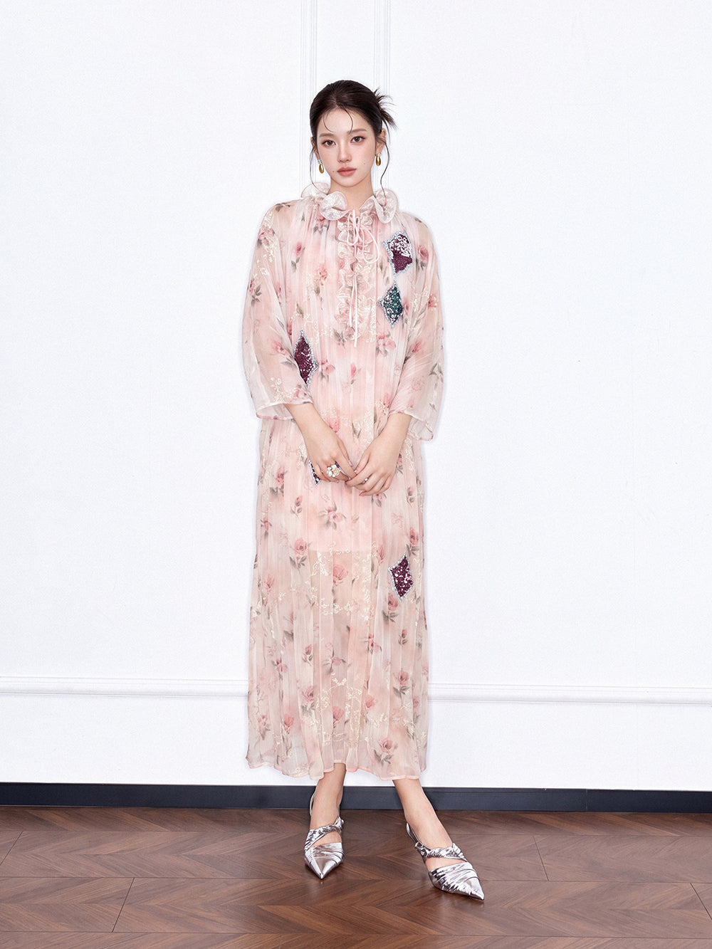 MUKZIN×Capsule Collection Chinese-Style Loose Floral Dress with Hami Hand Embroidery