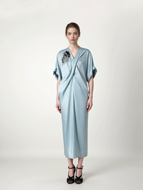 MUKZIN“Capsule Collection”Off - White Cross V - Neck Gold Ornament Embroidered Loose Dress