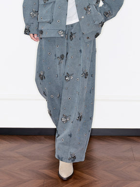 MUKZIN“Capsule Collection”Gray Rhinestone Embellished Oversized Heavy-Duty Wide-Leg Pants