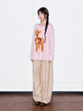 MUKZIN“The Sequence of Deer's Call”Light Blue/Soft Pink Deer Pattern Oversized Fuzzy Knit Sweater