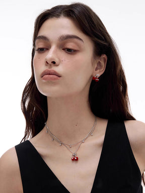 MUKTANK×SUN HUNTER Double-layered Necklace with Velvet Cherries and Five-pointed Stars