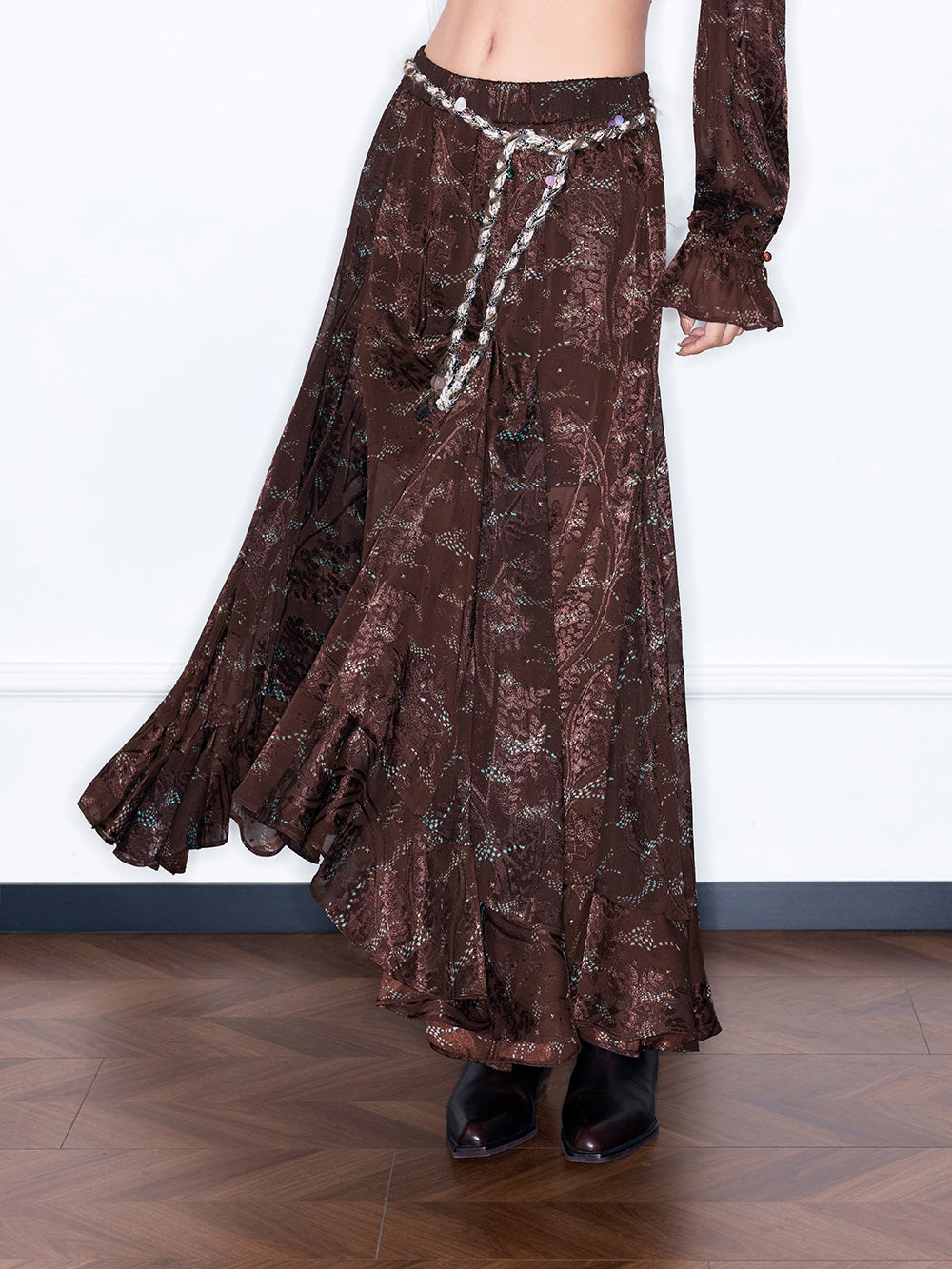 MUKZIN“Capsule Collection”Sheer Embroidered Brown Maxi Skirt | High Waist Boho Slit Skirt