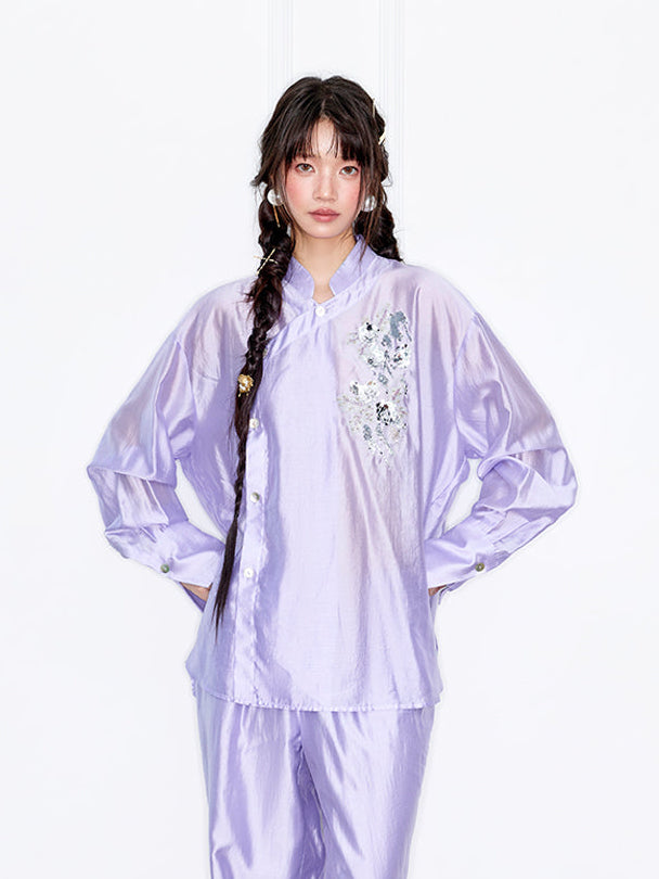 MUKZIN“Capsule Collection”Light Purple New Chinese Style Sequin Embroidered Top