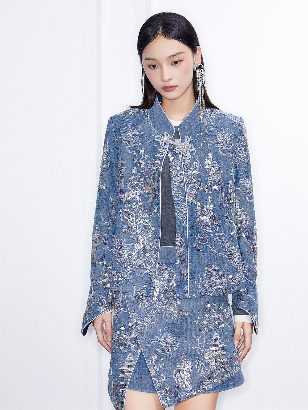 MUKZIN Linglong“Denim Series”Small A-Line Heavy Sequin Embroidered Denim Jacket