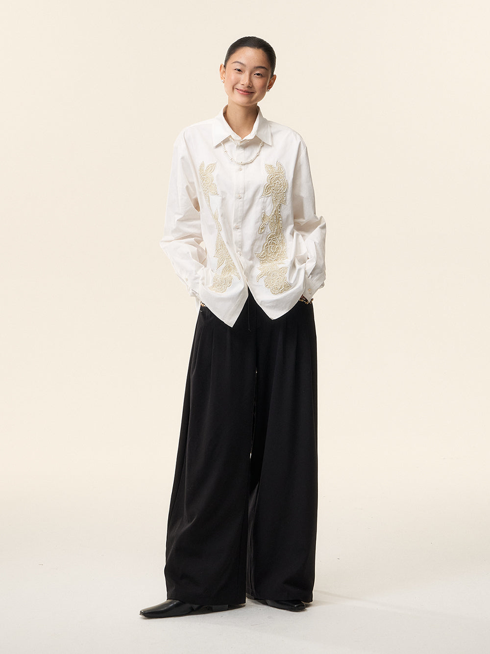 MUKTANK×LOUMUTAKU Beaded Embroidery Camellia Shirt