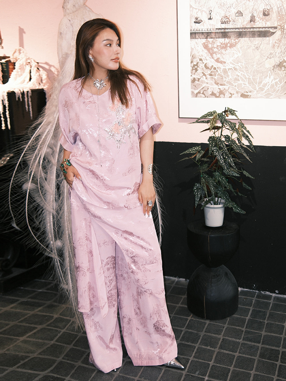MUKZIN“Capsule Collection”Pink Jacquard Loose - fitting Long Pants