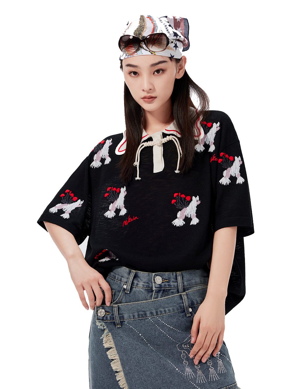 MUKZIN Fashionable Embroidered Doll Collar Knitted T-shirt