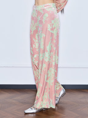 MUKZIN“Capsule Collection”Pink Velvet Chinese-Style Printed Wide-Leg Pants