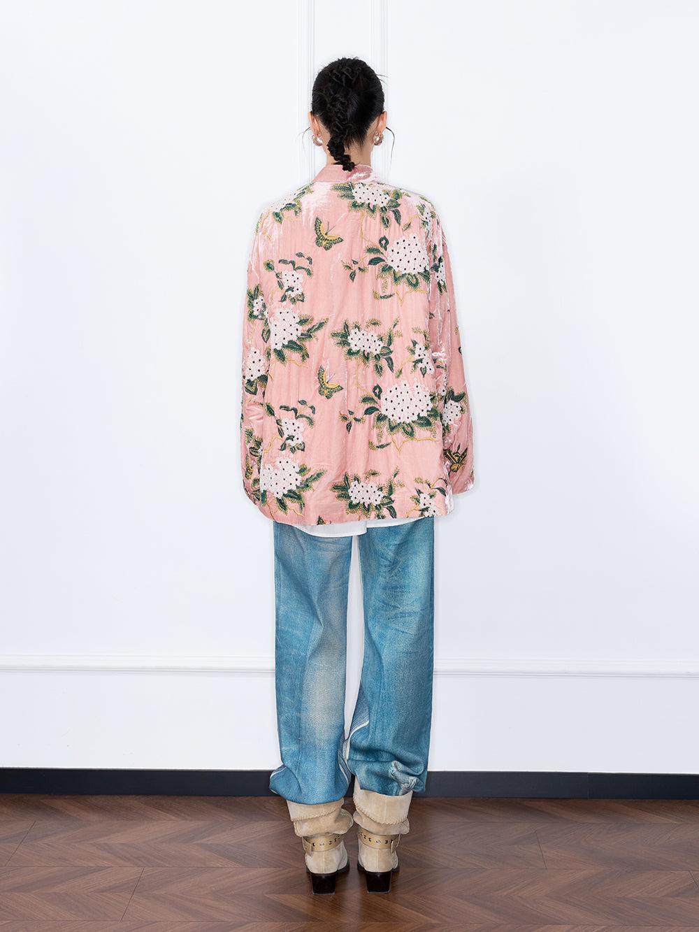 MUKZIN“The Sequence of Deer's Call”Pink Velvet Chinese-Style Floral Embroidery Loose Casual Outerwear