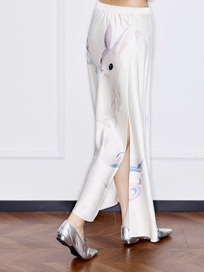 MUKZIN¡°Capsule Collection¡±Modern Chinese Style Jade Rabbit Print Drapey Midi Skirt