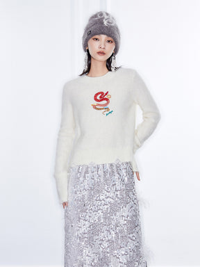 MUKZIN Linglong Long —Snake Embroidery Mohair Blend Sweater (White/Grey)