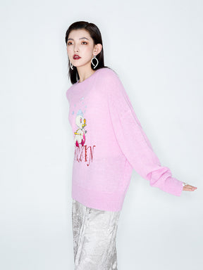 MUKZIN Linglong "Time Machine" Silhouette Crew Neck Cartoon Knit Blue Sweater