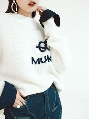 MUKZIN Linglong "Bafang Linglong" detachable Cuffs Crew Neck White Wool Top