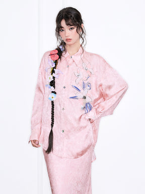 MUKZIN“Realm of Ethereal Mist”Pink Jacquard Floral Embroidered Shirt