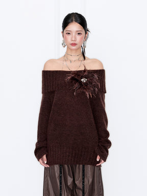 MUKZIN“Capsule Collection”Off-the-shoulder Feather Decor Loose Sweater