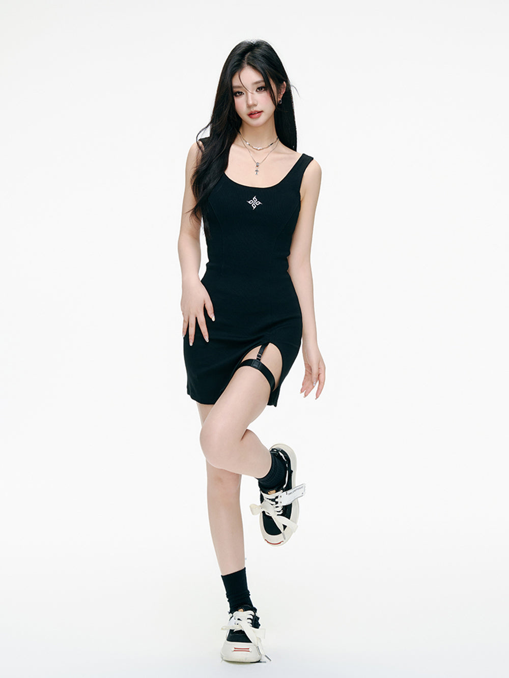 MUKTANK×ARDENCODE Summer Black Slimming Sleeveless Spaghetti Strap Petite Bodycon Tank Dress