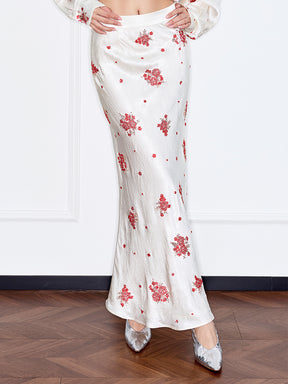 MUKZIN“Capsule Collection”Off-White Midi Skirt Accented with Red Floral Embroidery