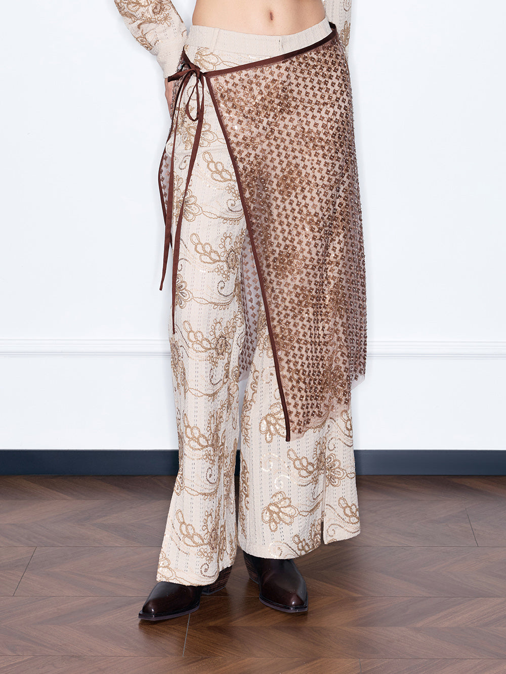 MUKZIN“Capsule Collection”Beige-Brown Floral Embroidered Layered Midi Skirt | Oriental Sequin Embellished A-Line Skirt