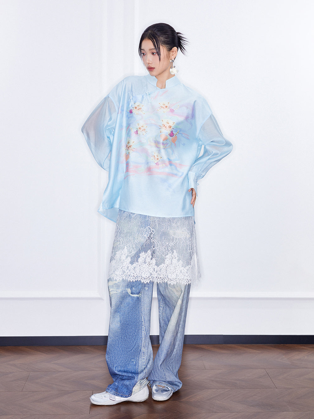 MUKZIN  SpringPrelude "Fortunate Tiger Soaring through Clouds" Loose Stand - collar Translucent Chinese - style Shirt