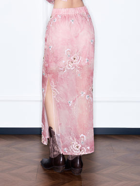 MUKZIN¡°Night Ballad of Chang'an¡±Pink Embroidered Sheer Maxi Skirt with Slit