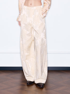 MUKZIN¡°Night Ballad of Chang'an¡±Beige Jacquard Wide-Leg Pants | Oriental Satin Balloon Trousers with Elastic Waist