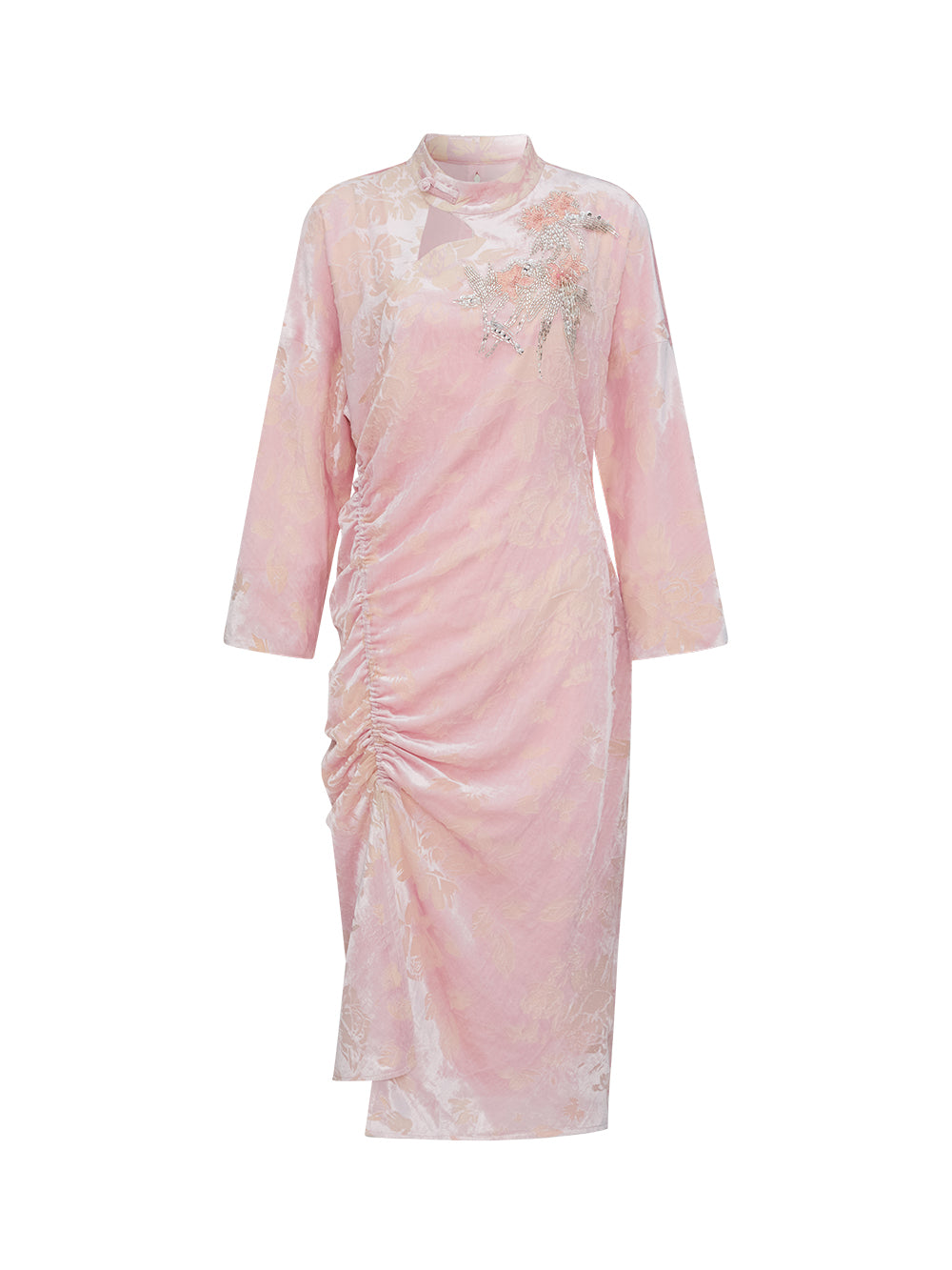 MUKZIN“Realm of Ethereal Mist”National Style Improved Pink Velvet Embroidered Hollowed-out Pleated Slit Dress