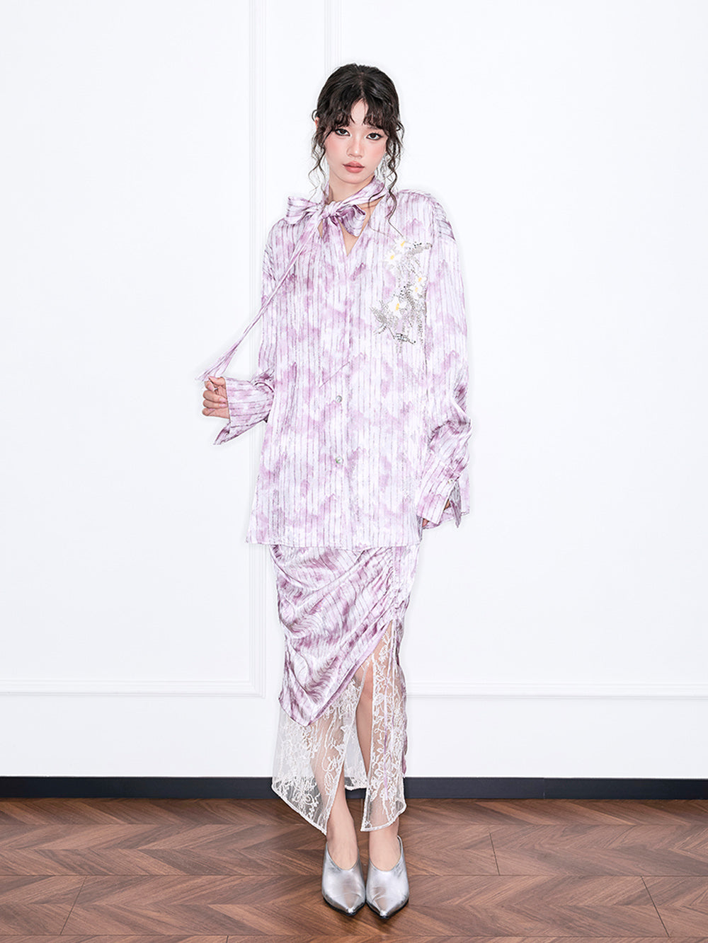 MUKZIN“Realm of Ethereal Mist”Pink - purple tie - dyed velvet spliced lace split midi skirt