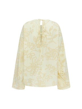 MUKZIN“Realm of Ethereal Mist”Light Yellow Floral Hollow - out Loose Top
