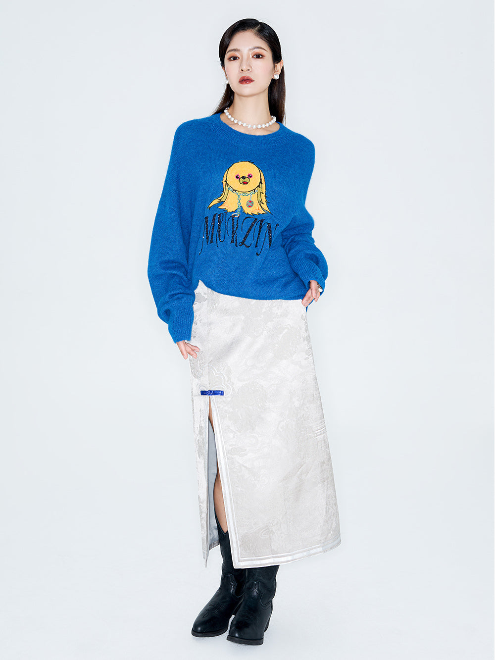 MUKZIN Linglong "Time Machine" Silhouette Crew Neck Cartoon Knit Blue Sweater