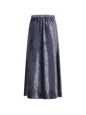 MUKZIN“Capsule Collection”Luxury Navy Velvet Side-Slit Midi Skirt