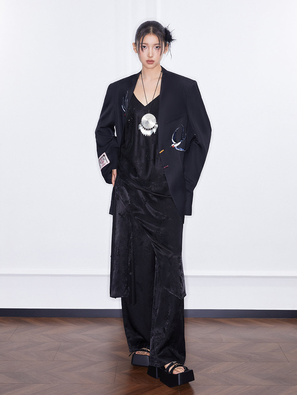 MUKZIN SpringPrelude “Peacock Feather” New Chinese Style Fake Two-piece Wide Leg Trousers Spring Summer