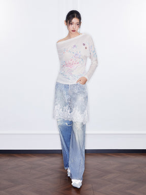 MUKZIN  SpringPrelude“A Dream in the Curtain”Lace Patchwork Wide-leg Jeans