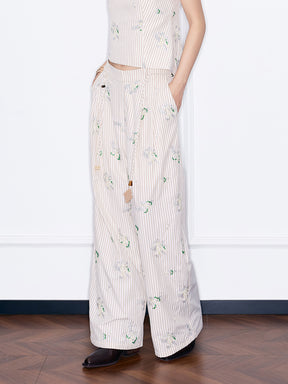 MUKZIN¡°Night Ballad of Chang'an¡±Striped Floral Embroidered Wide-Leg Pants | Oriental Tassel Tie-Waist Trousers