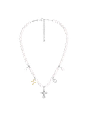 MUKTANK×SUN HUNTER Ornate lace cross pearl chain