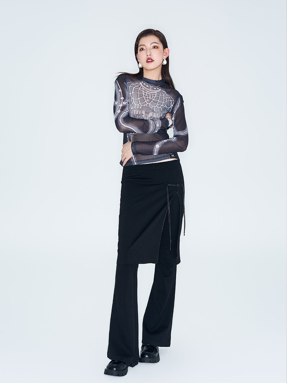 MUKZIN Linglong "Pearl" Printed Base Layer See-through Gauze Top