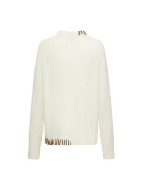 MUKZIN“The Sequence of Deer's Call”Cream White Contrast Trim Pony Decor Oversized Fuzzy Knit Sweater