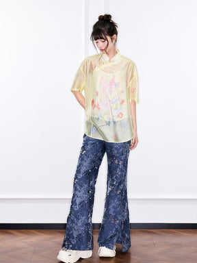 Mukzin "Ode To The New Summer"New Chinese-Style Shirt With Frog Buttons At The Collar And Printed Patterns