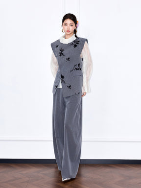 MUKZIN“Capsule Collection”Grey Corduroy Floral Embroidered Wide Leg Trousers