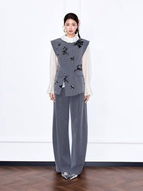 MUKZIN“Capsule Collection”Grey Corduroy Floral Embroidered Wide Leg Trousers