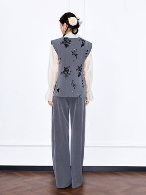 MUKZIN“Capsule Collection”Grey Corduroy Floral Embroidered Wide Leg Trousers